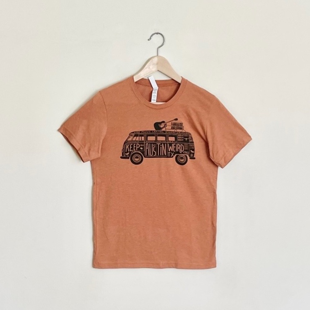 NEW Keep Austin Weird VW Bus Music Graphic Burnt Orange T Shirt Adult Sz Small